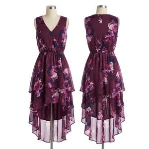 Jennifer Lopez Floral Hi-Low Tiered Sleeveless Party Dress L Burgundy Pink